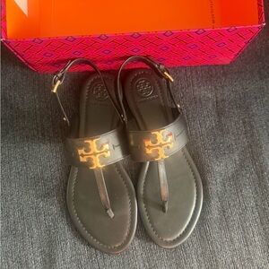 Tory Burch Black Sandals with Gold Logo